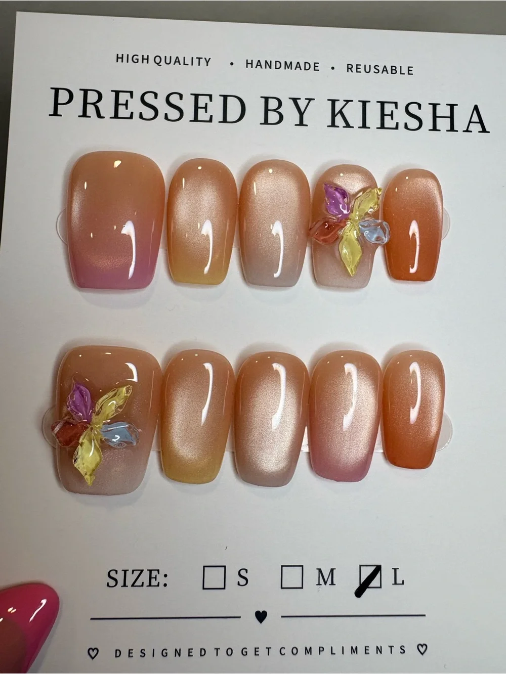 Nude Peach Ombre Press-On Nails with Floral Gems